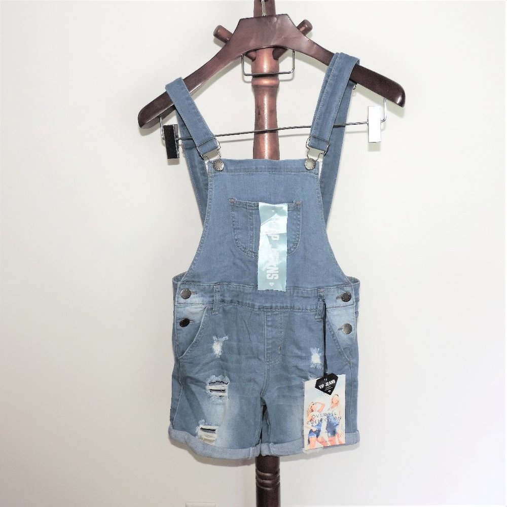 V.I.P. Jeans distressed/destroyed stretch denim shortalls/bib overall shorts